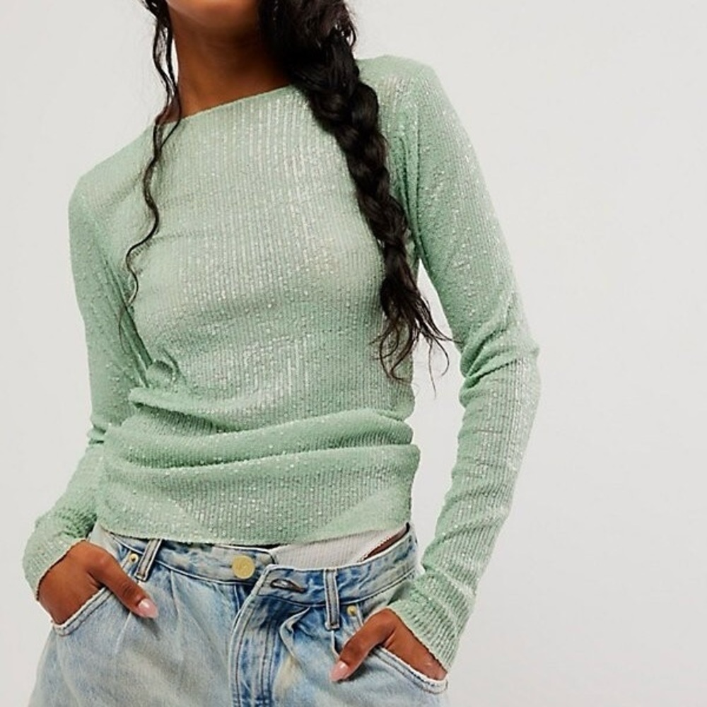 Free People Light Green Long Sleeve Top